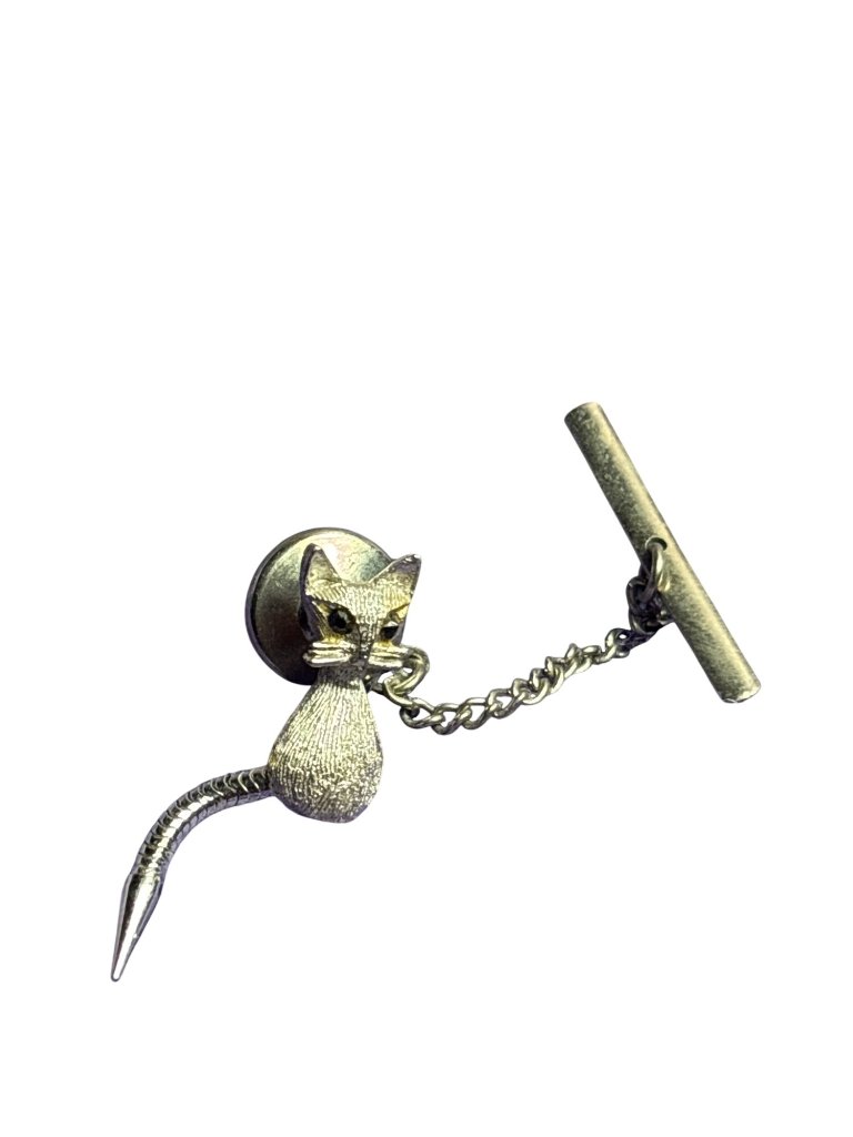 Vintage Brushed Silvertone Cat Tie Tack Pin Black Rhinestone Eyes